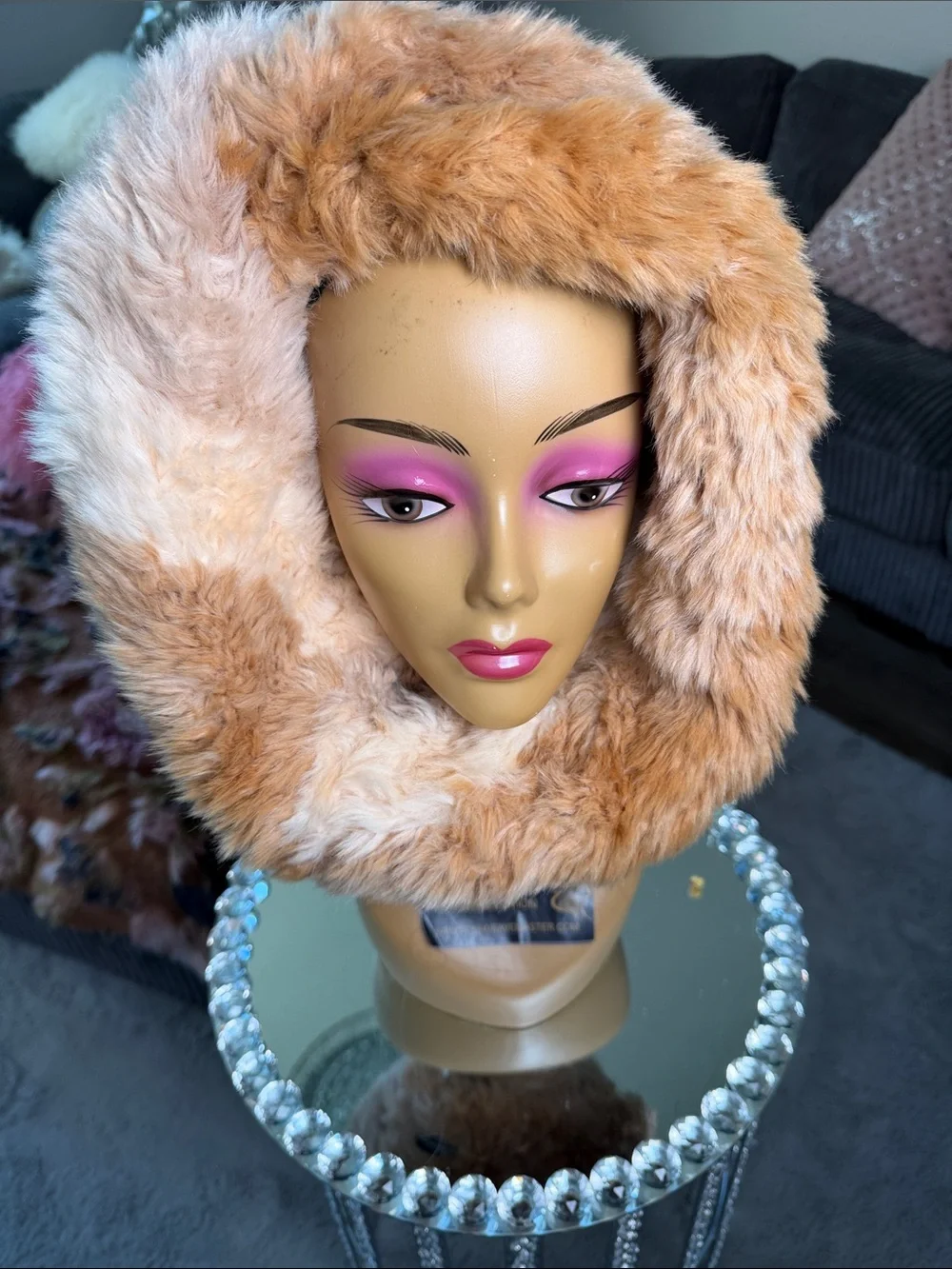 Anthropologie Faux Fur Hooded Scarf in Peachy Tan